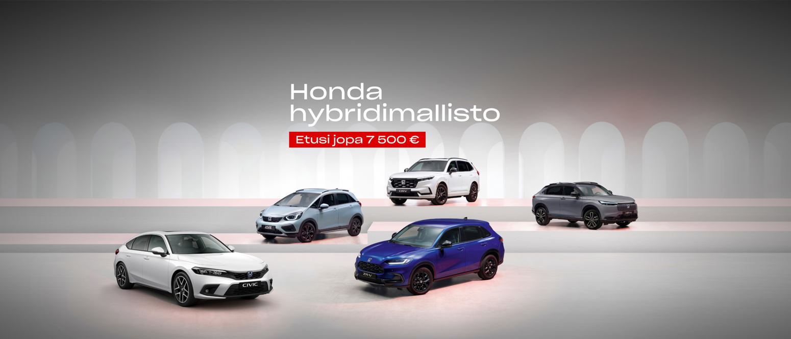 Five Honda hybrid cars are shown on a light background alongside Finnish text about savings of up to 7,500 euros.