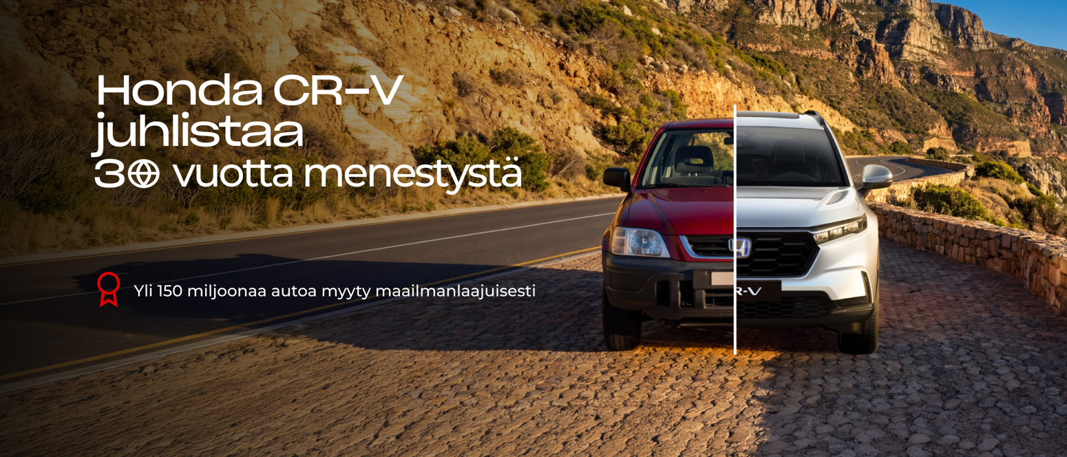 To Honda CR-V modeller på en smuk bjergvej fejrer 30 års jubilæum, med finsk tekst der markerer bilens succesfulde milepæl.